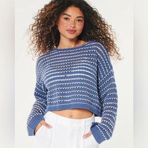 Hollister 100% Cotton Easy Crochet-Style Crew Sweater Top - Blue White - Small